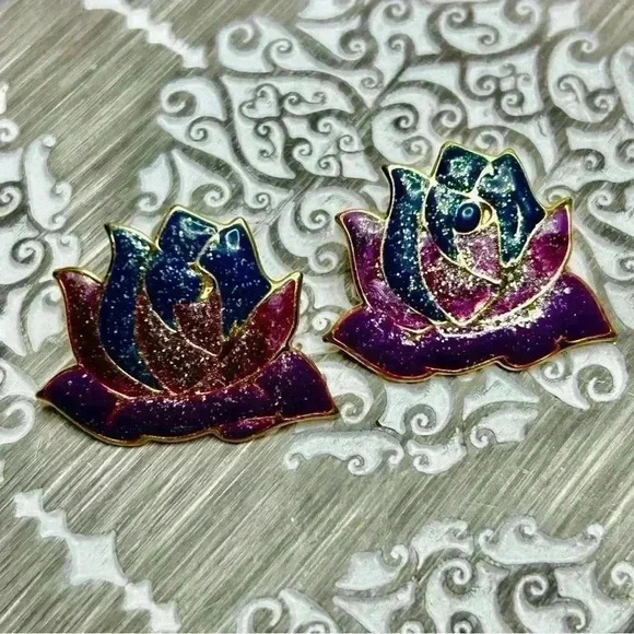Gold Tone Multi Color Glitter Lotus Earrings - Picture 1 of 3